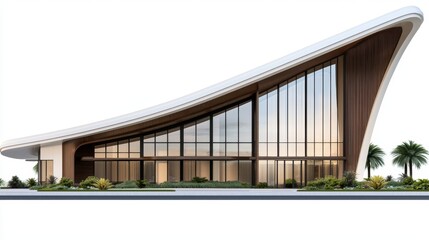 Obraz premium Modern Architectural Design Sleek Curved House with Large Windows and Tropical Landscaping