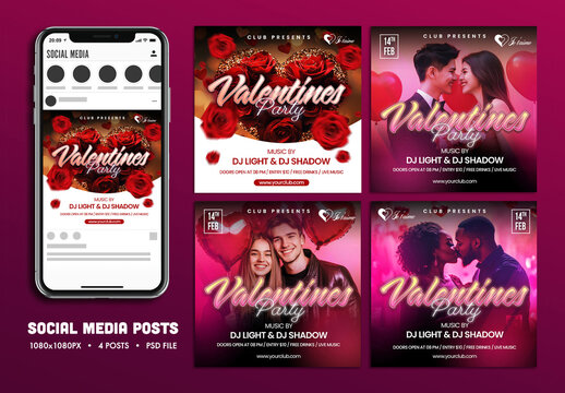 Valentine&rsquo;s Day Party, Editable Social Media Set for Club, Disco and Upcoming Night Parties.