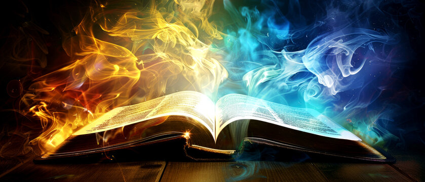 Holy bible illuminated book of faith spiritual reflection colorful flames mystical environment divine concept