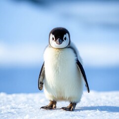 Fototapeta premium High-resolution commercial stock photo A single Emperor penguin chick standing alone on a patch of ice, looking directly at the camera. Professional quality image, emphasizing texture 
