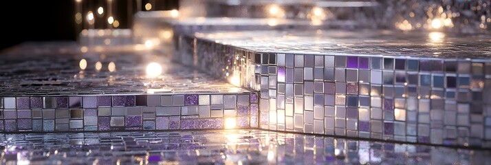 A shimmering mosaic podium with silver and lavender tiles reflecting soft glowing lights