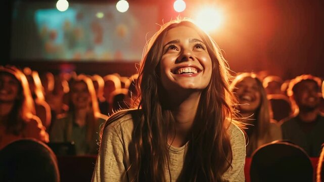 Audience watches film in auditorium, captivating atmosphere. Stage lights presentation. People crowd focus on excited movie, anticipation. Cinema theatre event, public speaking, talk.