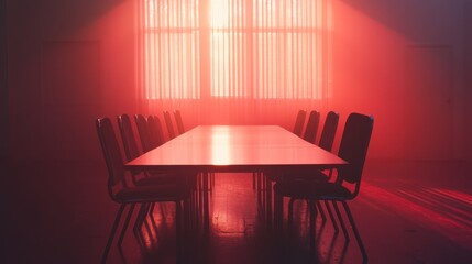 Fototapeta premium Red-lit conference room with empty chairs around a large table.
