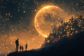 Obraz premium A family living in a city built into the craters of a moon, glowing with golden lights under a star-filled sky