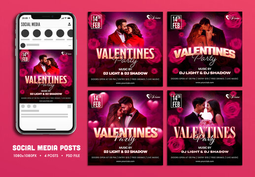 Valentine&rsquo;s Day Party, Editable Social Media Set for Club, Disco and Upcoming Night Parties.