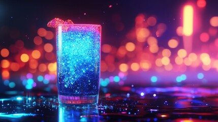 A futuristic cocktail with glowing blue liquid and edible glitter, served in a sleek glass, neon bar background