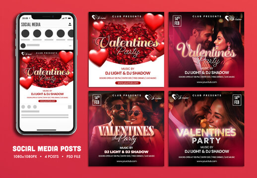 Valentine&rsquo;s Day Party, Editable Social Media Set for Club, Disco and Upcoming Night Parties.