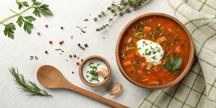 Acha soup with sour cream and herbs on top of a wooden spoon, traditional, mediterranean
