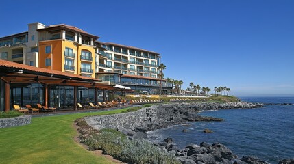 Luxury oceanfront hotel with infinity pool and modern architecture on rocky coastline