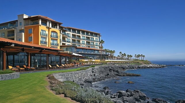 Luxury oceanfront hotel with infinity pool and modern architecture on rocky coastline
