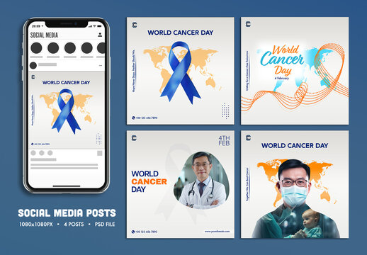 World Cancer Day, Editable Social Media Post Set for Healthcare or Medical. 