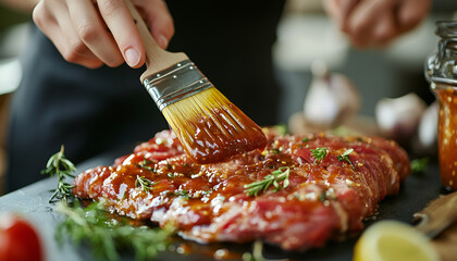 Woman spreading marinade onto raw meat with basting brush at table, closeup