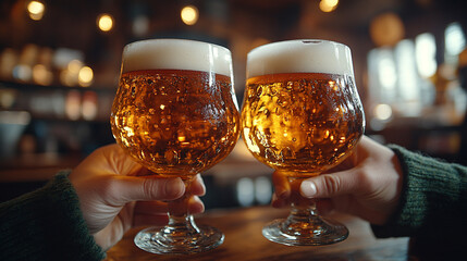 Toasting to friendship and celebration on St. Patrick's Day in a cozy pub with bokeh lighting
