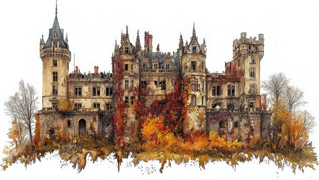 Overgrown_castle_ruins_evoke_a_sense_of_lost_grandeur,_blending_stonework_with_autumnal_foliage_against_a_stark_white_backdrop.