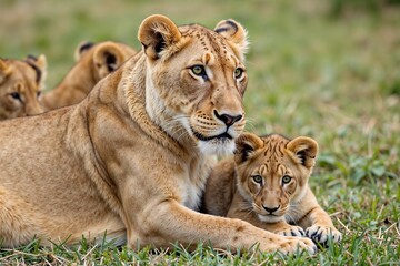 Fototapeta premium Lioness with her cub resting together in the wild grass