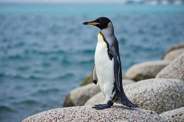 Fototapeta premium A penguin standing on a rock with the ocean in the background