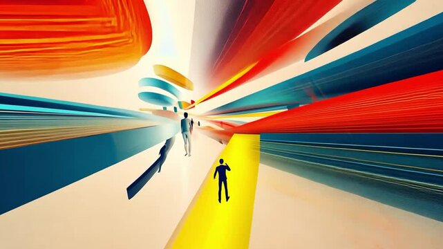 The Road Ahead: A lone figure in a black suit walks along a yellow path, surrounded by an abstract maze of vibrant red, orange, blue, and yellow shapes, signifying a journey of uncertainty.