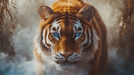 Naklejka premium A majestic tiger with golden fur and piercing blue eyes, standing in a misty jungle