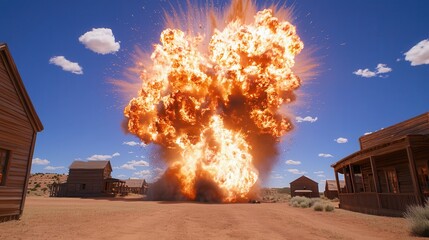 Massive Explosion in Old Western Town Dramatic Fireball Sky Destruction