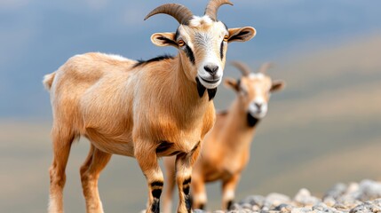 Two Adorable Goats Standing on Rocky Hillside in Nature Beautiful Wildlife