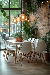 Fototapeta premium Modern Dining Room Decor With Plants and Lighting