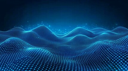 Naklejka premium Abstract Cyan Digital Wave Landscape on Dark Blue Background, 3D Futuristic Glowing Grid Mesh