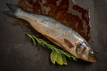 Freshly Caught Raw Fish Garnished With Fragrant Herbs and Spices Resting on a Dark Surface, Evoking Culinary Creativity and the Essence of Nature’s Bounty