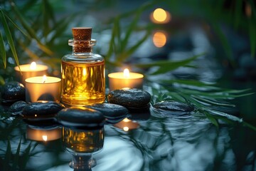 Serene spa scene with candles and oil