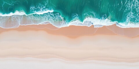 Aerial shot of long stretch of sandy beach with rolling waves and clear blue waters, horizon, coastline, wave