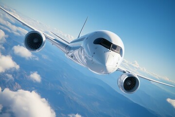 Fototapeta premium A white airplane flying in a blue sky