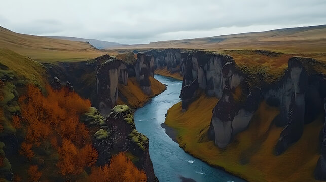 Aerial View of Fja�r�rglj�fur Canyon in Iceland's Autumn Landscape