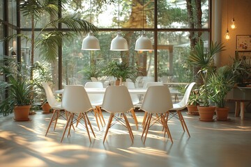Fototapeta premium Sunlit Dining Area With White Chairs And Lush Greenery