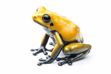 Obraz premium Vibrant yellow frog with glossy skin and contrasting black markings, isolated against a plain white background.