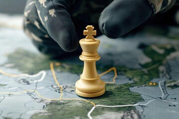 Gloved hand positions king chess piece on map, suggesting strategic military planning or geopolitical maneuvering.