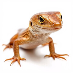 Fototapeta premium Golden brown skink lizard with intricate scale patterns, showcasing its bright eyes and small claws, isolated on a white background.