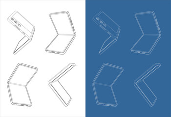 Set Blueprint Technical Drawing of a Flip Smartphone. Industrial Foldable Phone Sketch