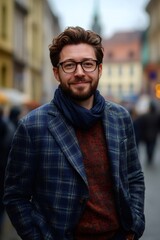 Fototapeta premium Smiling creative professional wearing glasses and scarf in european city