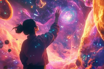 A woman made of swirling galaxies, standing in a void filled with stars and planets in vibrant colors, reaching out to touch a floating star 