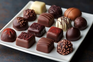 Gourmet chocolates displayed on white plate, indulging in sweet delights