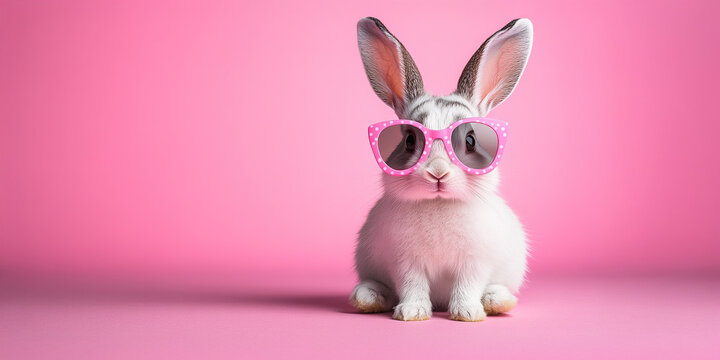 cute bunny rabbit wearing sunglasses easter themed, pink background empty space for text