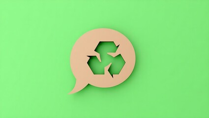 Minimalist eco-friendly design featuring a cardboard speech bubble with a cutout recycling symbol on a green background. Symbolizing sustainability and environmental awareness.