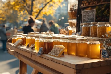 Fresh honey jars and honeycombs displayed at outdoor market