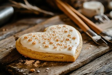 Heart Shaped Cookie with White Icing and Sprinkles on Rustic Wooden Board