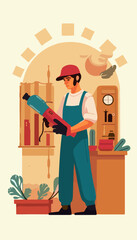 Young man using a gardening tool in a creative workspace