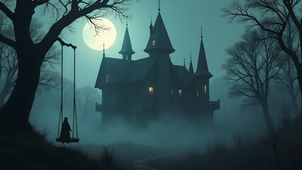 Fototapeta premium Mysterious mansion shrouded in fog beneath a full moon at night