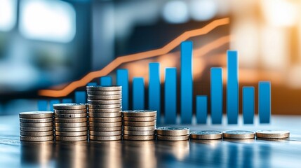 Growing stacks of coins against a rising bar graph.