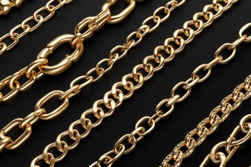 3d render, assorted gold chains, design elements set, collection, isolated on black background