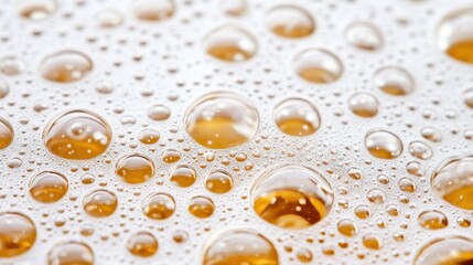 Close-up of golden liquid surface, covered with varied-sized bubbles, creating a textured pattern, reflecting light.