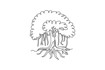 Single continuous line drawing shady and leafy banyan tree. Decorative ficus benghalensis plant concept for wall decor home art poster print. Dynamic one line draw graphic design vector illustration