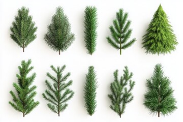 3d render, Christmas tree twigs elements collection, set of festive natural clip art isolated on white background, green coniferous branches.